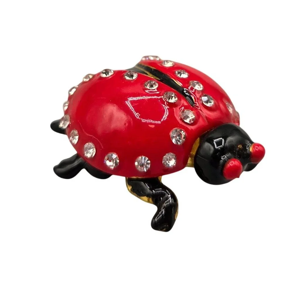 Ladybug Trinket Box Red Enamel Clear Rhinestone Accents Hinged Magnetic Closure